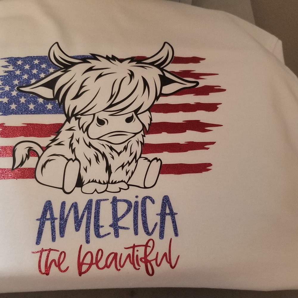 White Tee with American Flag and Cow Design